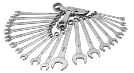 A set of wrenches with various sizes and colors arranged in a circular pattern.