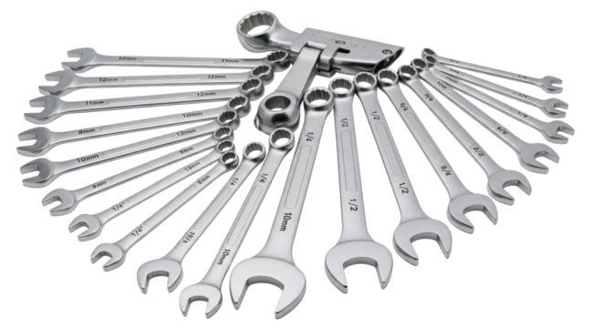 A set of wrenches with various sizes and colors arranged in a circular pattern.
