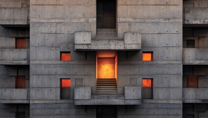 A symmetrical concrete facade with orange-lit doorways and a central stairwell bathed in warm light