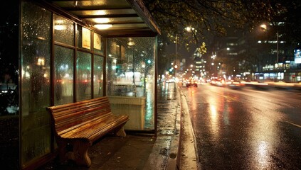 A rainy night scene shows a bus stop with a bench beside a busy road with blurred headlights