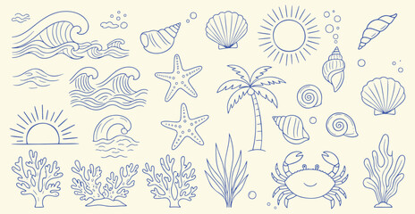 Adobe Illustrator ArtworkSummer Beach Doodle Line Art Icon Set
Ocean Life and Sea Hand Drawn Doodle Collection
Tropical Ocean Icon Collection with Waves Shell Coral and Crab