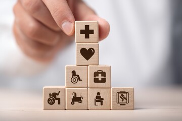 Person building wooden blocks with health symbols like a cross, heart, wheelchair, and medical bag