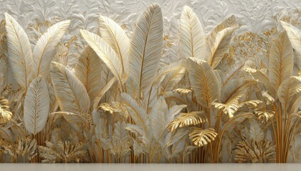 Decorative wall panel featuring large, stylized plant foliage with gold accents, in a warm light