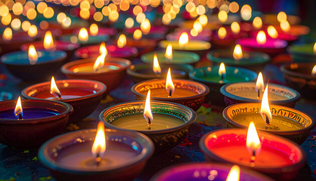 Vibrant colorful lit diya lamps glowing for the Hindu festival of Diwali. - Powered by Adobe