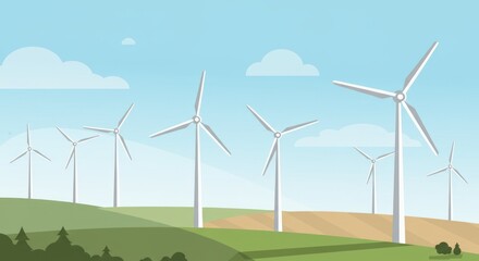 Fototapeta premium Wind turbines stand tall in a landscape with rolling hills and sky