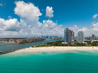 Obraz premium Aerial view of Miami Beach city by the coast. Miami Beach skyline. Scenic Miami Beach panorama famous coastline.