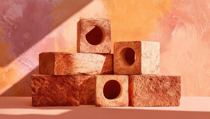 A still life of reddish-brown geometric stone blocks with circular openings