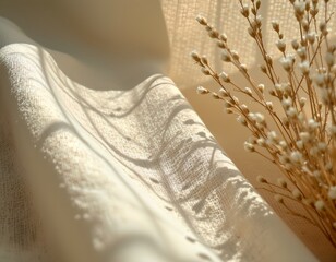 Close up of sunlight reflecting on textured linen fabric, beige tones, Stocksy style natural composition, soothing minimalism with text space for ad use.