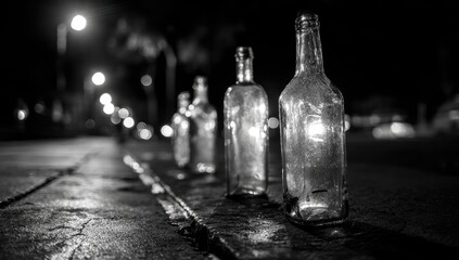 Black and white photo of empty glass bottles lined up on a curb at night with streetlights