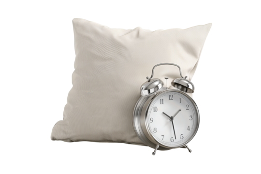 Soft square off-white pillow beside a satin-chrome twin-bell alarm clock, both angled gently toward each other, cozy and minimal composition, isolated on transparent background.
