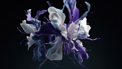 Abstract floral depiction with white, purple, and blue fluid elements. Black background