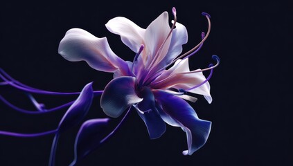 A close-up of a surreal lily with ethereal petals and flowing purple tendrils