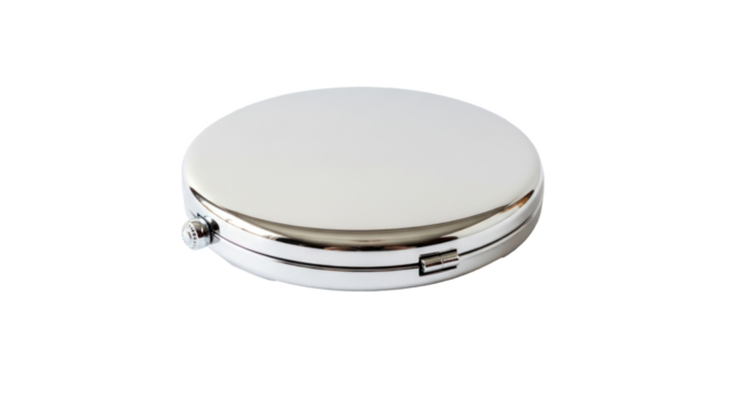 A silver compact mirror with a white background.