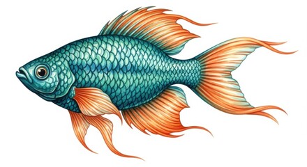 Vibrant watercolor illustration of a teal and orange tropical aquarium fish