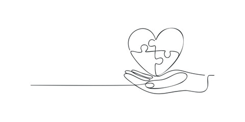 Hand holding heart shaped jigsaw puzzle pieces line drawing