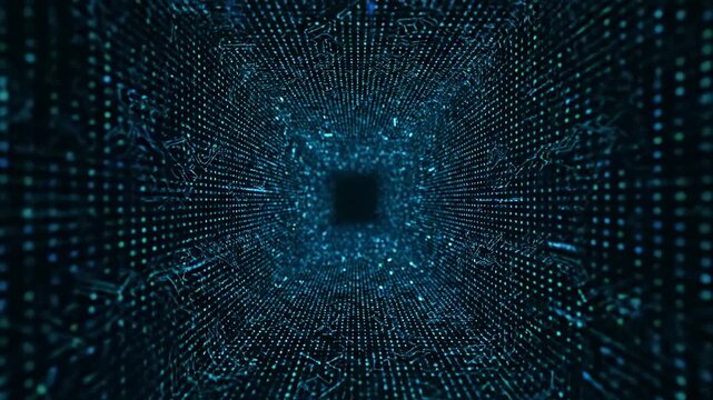 Digital Tunnel with Blue Light and Binary Code Glowing Effect