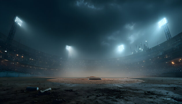 Eerie baseball stadium at night, bright spotlights cut through atmospheric smoke, dust. Empty field with diamond, bases suggests abandoned, weathered feel. Overcast skies, fog create mysterious, - Powered by Adobe