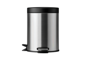 Stainless steel pedal bin with brushed cylindrical body, soft-close black lid slightly open, and textured knurled pedal, subtle fingerprint marks adding realism, isolated on transparent background.
