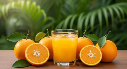 Half-sliced oranges arranged beside green leaves on reflective white surface