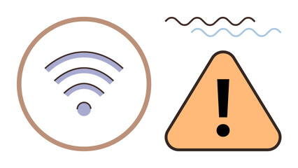 wireless signal icon encircled alongside a triangular warning sign with an exclamation point. Ideal for technology, communication, network issue, caution, troubleshooting, digital alert, simple flat