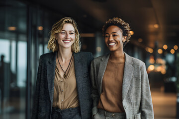 Businesswoman talking to colleague with hand on shoulder in supportive gesture at corporate workspace