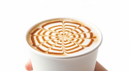 Artistic caramel latte art swirls on a white background