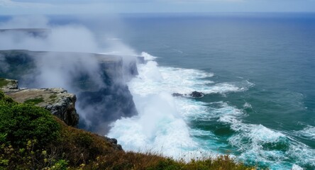 Powerful Ocean Waves Crashing Against Rugged Cliffs.