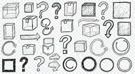 Vector art of hand drawn doodle set of boxes, arrows, and question marks for design elements