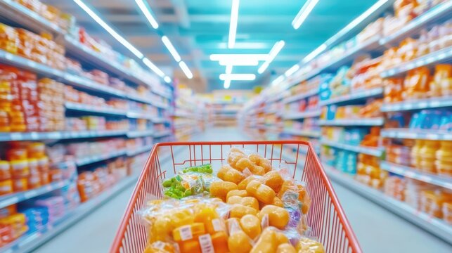 Shopping Cart's Journey: A first-person perspective captures a grocery store shopping cart as it navigates through well-stocked aisles, presenting a colorful display of merchandise.