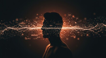 Data stream flows into a human brain profile, dark background