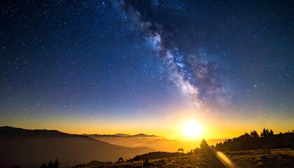 A celestial panorama. The Milky Way arches across a dark, starlit sky, meeting the horizon above a silhouetted mountain range and a bright sunrise