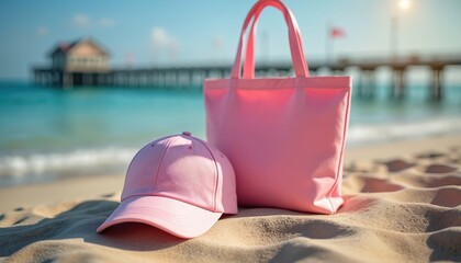 Pink baseball cap, matching tote bag rest on golden sand. Clear turquoise ocean water stretches to distant pier with building. Bright sun shines on summer beach vacation scene. Stylish accessories