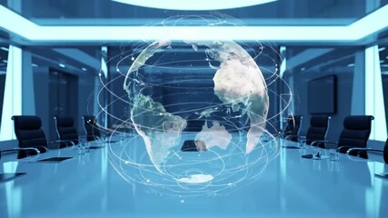 Futuristic boardroom with a holographic globe displaying global connections and data streams. - Powered by Adobe