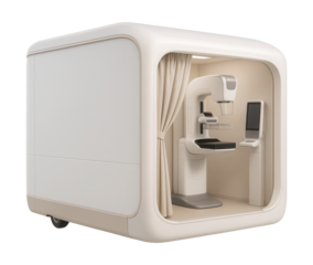 Mobile mammography unit with a private imaging space and curtains for confidentiality.