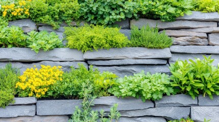 Stone Wall Garden: A visually stunning, textured stone wall adorned with a diverse array of lush, green plants, creating a vibrant tapestry of nature and architecture.