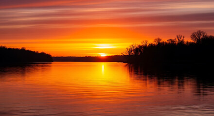 Tranquil Sunset Reflection: The fiery hues of a vibrant sunset cascade over a calm lake, creating a breathtaking mirror image with the silhouetted trees along the horizon.
