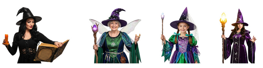 A woman in a witch costume holding a candle and a book.