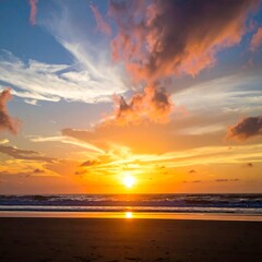 Fototapeta premium Beach sunset with vibrant clouds and ocean waves