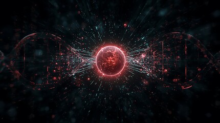 Glowing Red DNA Helix with Central Energy Sphere – Molecular Biology and Genetic Science Concept