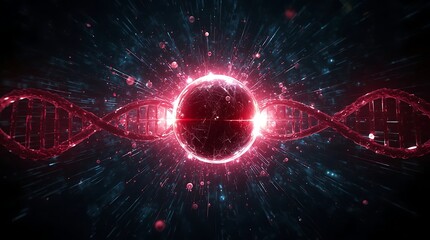 Glowing Red DNA Helix with Central Energy Sphere – Molecular Biology and Genetic Science Concept