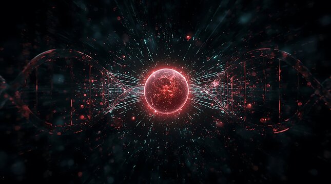Glowing Red DNA Helix with Central Energy Sphere – Molecular Biology and Genetic Science Concept