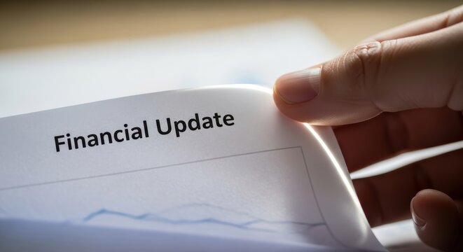 Financial report update shows business growth and market analysis with hand holding paper closely