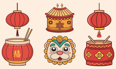 Colorful Chinese New Year illustration featuring traditional red lanterns, lion dance masks, drums, chopsticks, and festive decorations that symbolize joy, culture, and celebration.