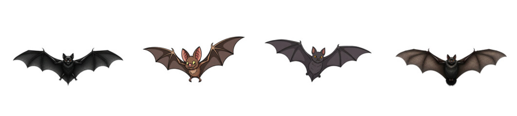 A black bat with wings spread, flying against a white background.