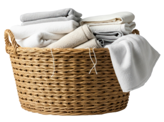 A wicker laundry basket filled with clean towels and folded clothes.