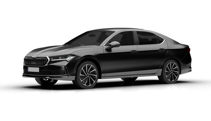 Slight front left view of dark grey colored modern sedan car rendered with a transparent background