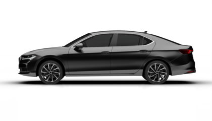 Full left side render of a modern sedan car in dark grey on a transparent background