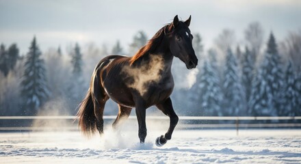 A Majestic Brown Horse Galloping Through Snowy Landscape in Winter, Surrounded by Frosty Trees, Exuding Grace and Power in a Serene Natural Setting