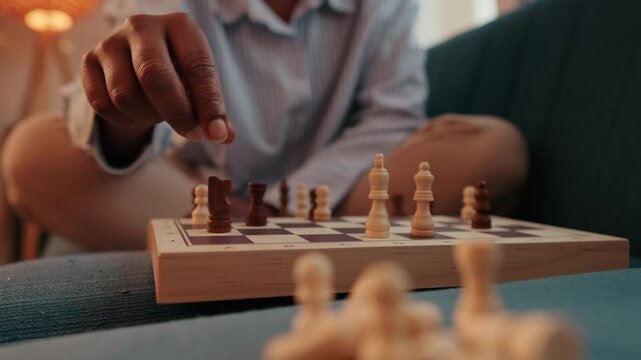 Person Playing Chess and Moving Knight Piece
