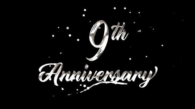 9th anniversary text animation in silver metallic effect. suitable for celebrating special occasions, invitations, anniversary cards and social media. Includes alpha channel for any background.